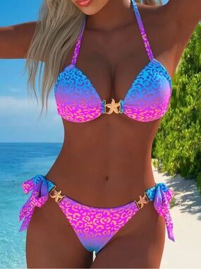 Colorful Leopard Print Bikini Set Halter Tie Side Adjustable Swimwear for Summer